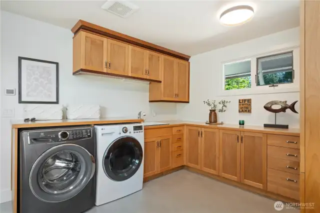 Extra large Laundry on the main floor  with new washer/dryer and a utility sink. Cabinet to far right houses a very large safe, which stays.
