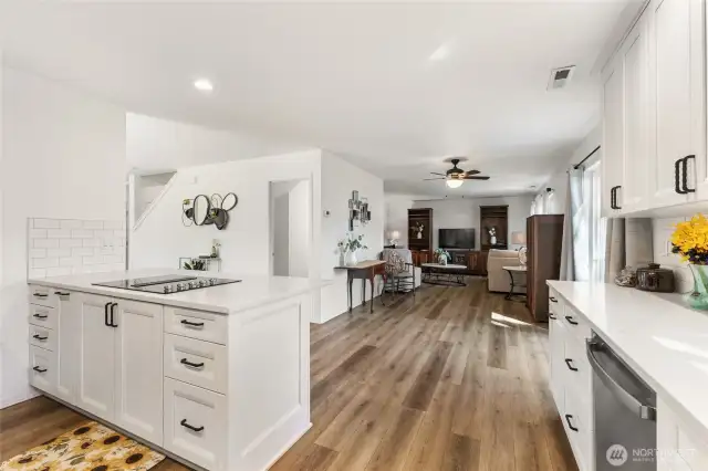 Completely remodeled, luxury kitchen with open concept, new cabinets, counters, appliances