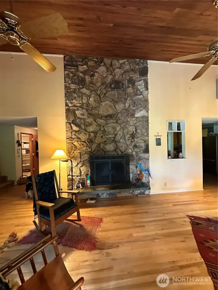Living room wood fireplace