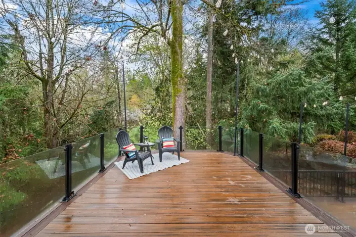 Two-level composite deck for entertaining and low maintenance.  Feels like your treehouse getaway, just off the dining room