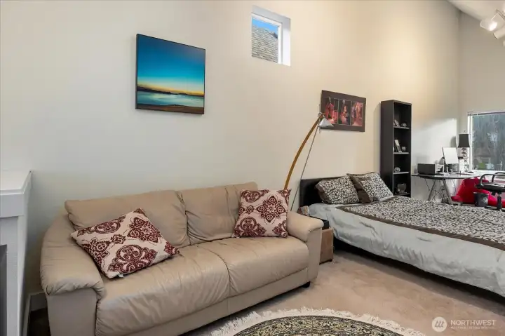 Flexible loft accommodates sleeping, entertainment, office, and more.