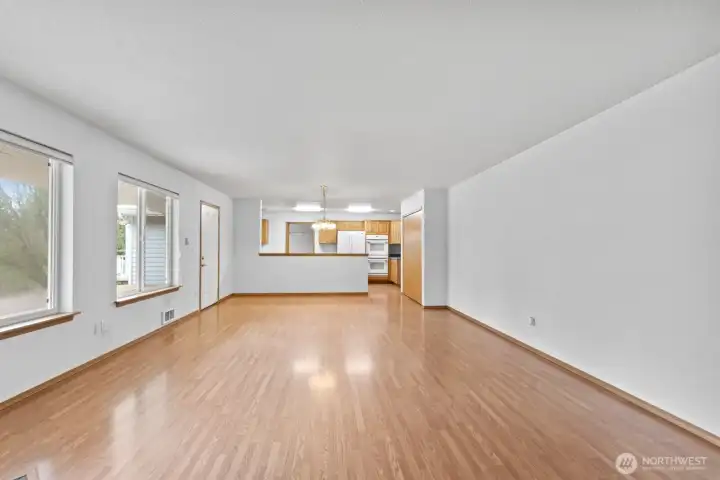 A view of the kitchen from the family. Notice how much room there is.