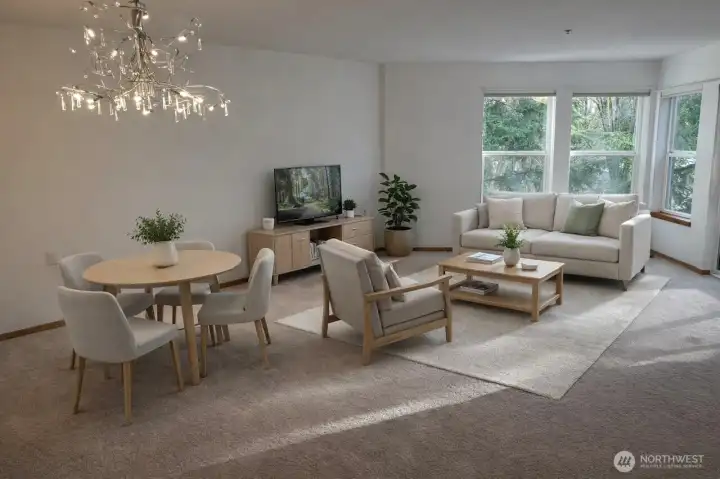 Light and bright livingroom with new lighting and deck access.