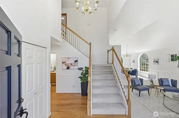 Grand entry with cathedral ceilings offers a bright and welcoming introduction to the home. New carpets and freshly painted throughout the home.
