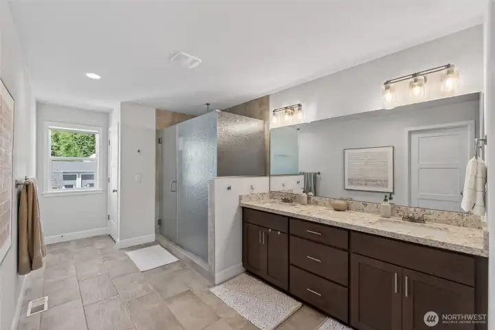 Double sinks and plenty of room in the shower!
