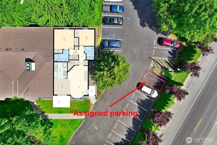 1 assigned parking space and extra guest parking