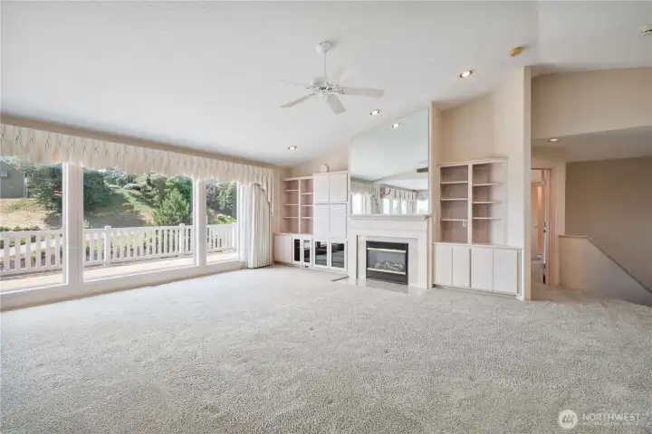 Light and airy living room with built ins and amazing views!