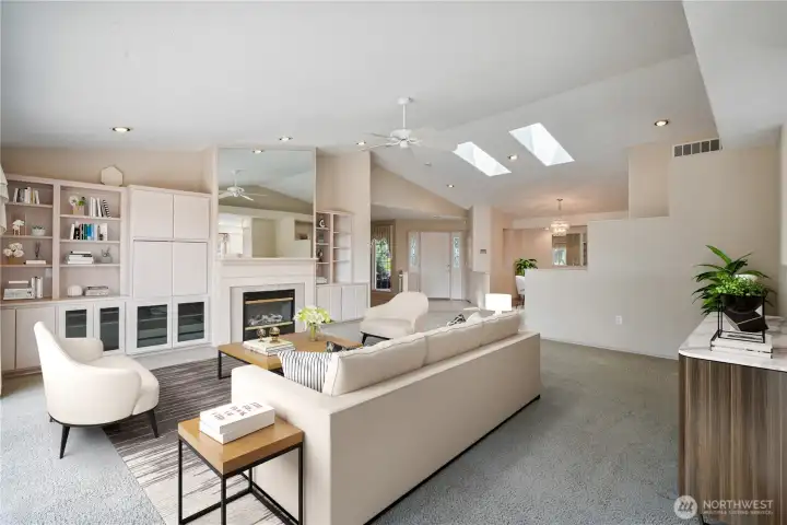 Light and airy living room with built ins and amazing views!