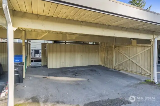 2 covered parking spots and double sided built in  storage shed