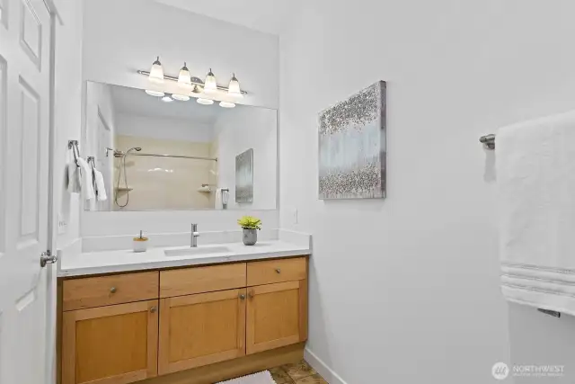 Hall bath with new quartz countertops