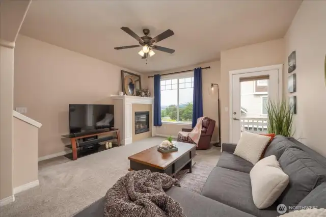 Don't let the clouds fool you....the is a great view of the Cascades and river.  Even have a fireplace for those cozy couch days.  Enjoy fresh air while sitting on your own balcony.