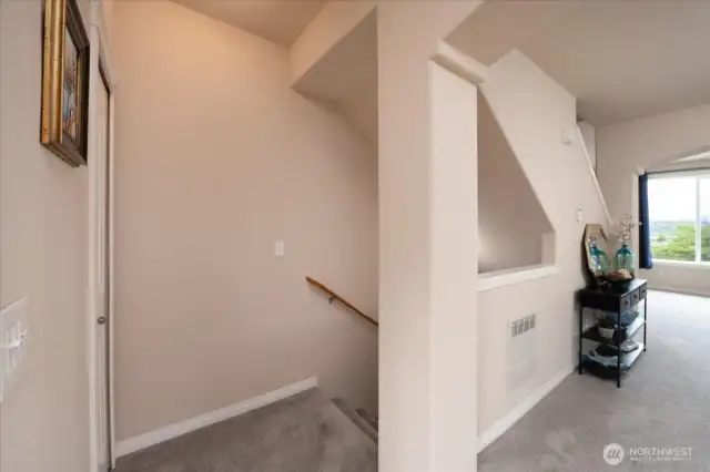Closest at the top of stairs as you usher into the kitchen and dinning room.