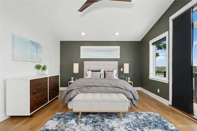 App- and remote-controlled lighting, blinds, and ceiling fans in the primary suite and main living areas