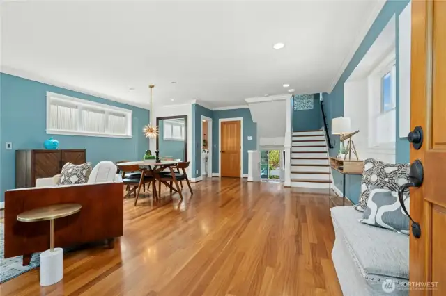 Solid wood doors throughout, paired with Brazilian cherry, tile, laminate, and carpet flooring