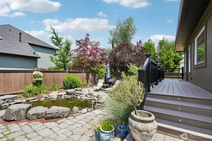 hardscaped back yard complete with three tiered waterfall and pond with irrigation and UV filter for ease and maintenance