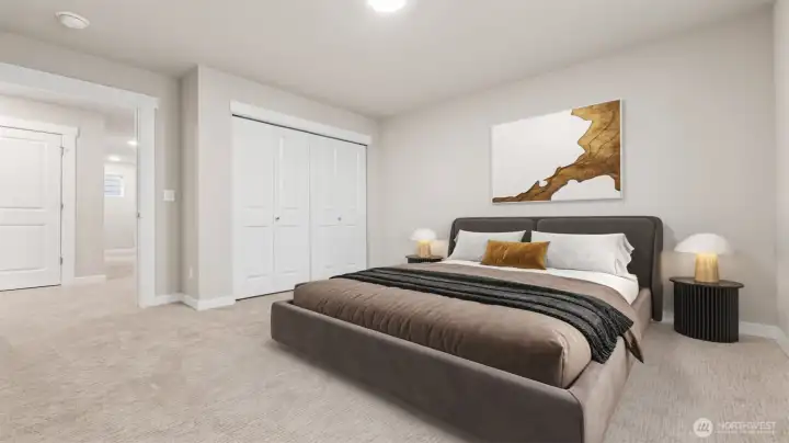 One of the secondary bedrooms. Actual home is under construction and materials, colors, and finishes will vary. See site agent for details.