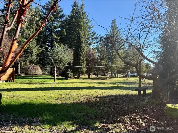 Volleyball net, Horseshoe  pits, playground, and loads of open grass space to stretch your legs!