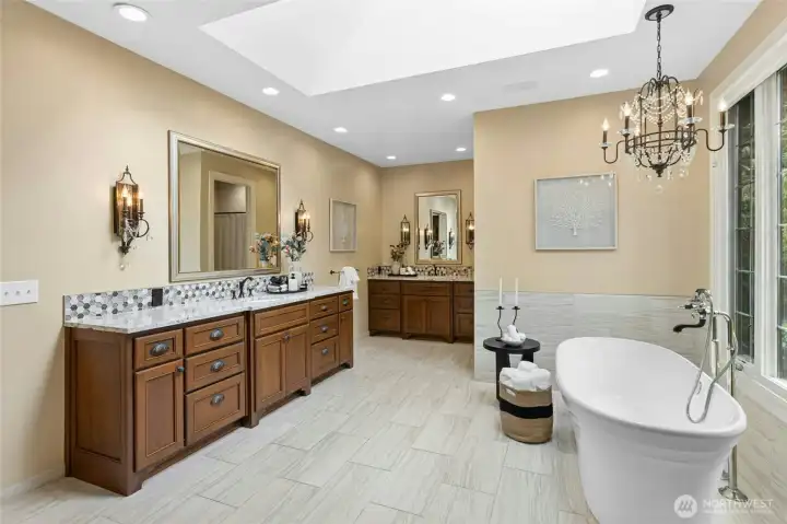 Heated floors. Shower & toilet to right of back wall sink.