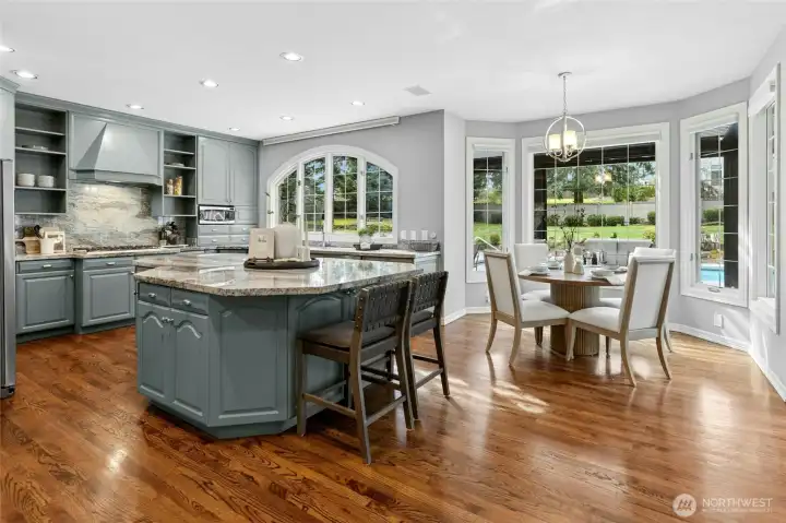 Island seating with room for a breakfast table.