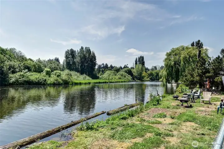 Community river front beach area.