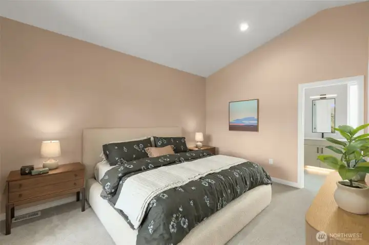 Vaulted Ceilings, ample space, ensuite bath & walk-in closet! Photo is of model home of same floorplan. Color schemes and finishes will vary per plan. Vaulted Ceilings, ample space, ensuite bath & walk-in closet! Photo is of model home of same floorplan. Color schemes and finishes will vary per plan.