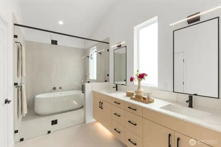 Soaking tub, Shower, dual sink vanity, under cabinet lighting (motion activated!), and storage galore! Photo is of model home of same floorplan. Color schemes and finishes will vary per plan. Soaking tub, Shower, dual sink vanity, under cabinet lighting (motion activated!), and storage galore! Photo is of model home of same floorplan. Color schemes and finishes will vary per plan.
