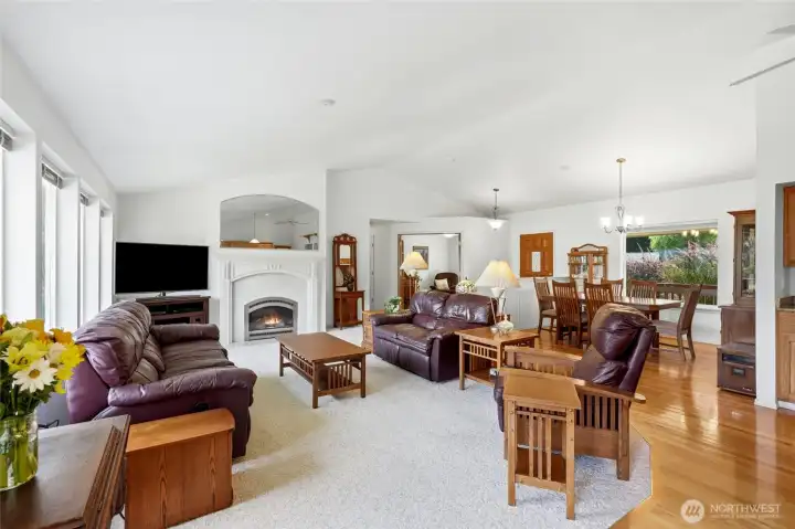 Light-filled, open concept, Vaulted ceilings, cozy gas fireplace