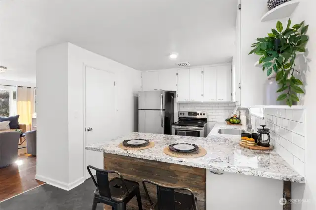 Modern quartz countertops, pantry, tile backsplash and stainless appliances... adorable little open shelving, too.