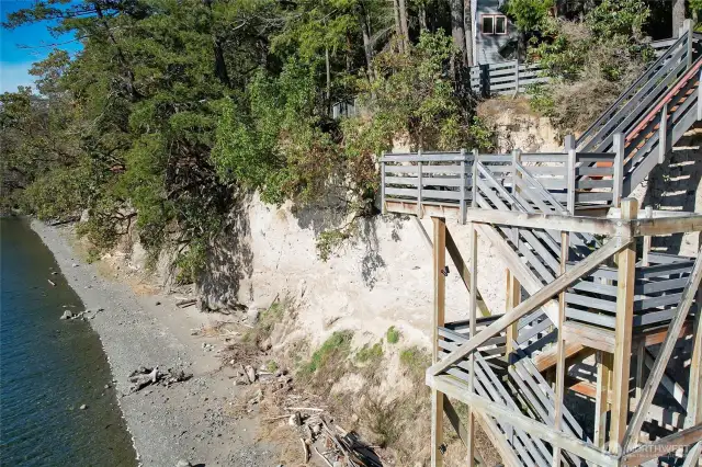 The high - mid bank detailing the beach, staircase and house.