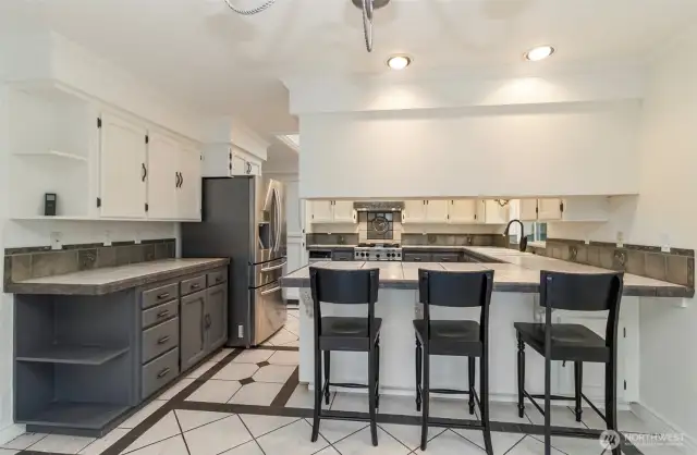 True Working Chef's Kitchen~Wolfe Gas Stove & Oven~Ample Counter & Prep Space~ Eating Bar~Keep an Eye on the Cook~Dual Basin Deep Sink~Leave Cookie Cutter Behind with this "One of a Kind" Kitchen~The Heart of the Home~Memories Made~