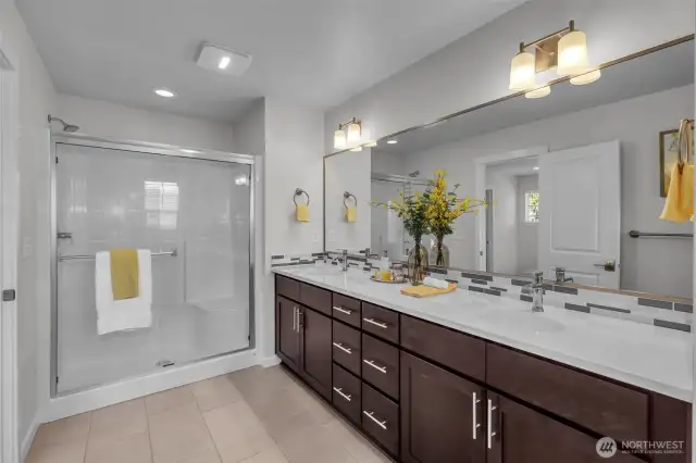 Great shower stall in this large bathroom