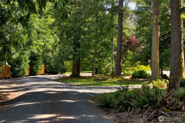 A raised gravel driveway gently ascends to meet the spacious circular drive, creating a clean, elevated approach to the home. This thoughtful design not only enhances curb appeal but also ensures smooth navigation—whether you're arriving in a car, RV, or trailer.
