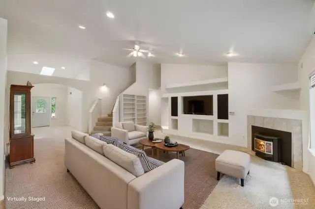 Pellet Stove, Ceiling Fans and Shelving Virtually Staged