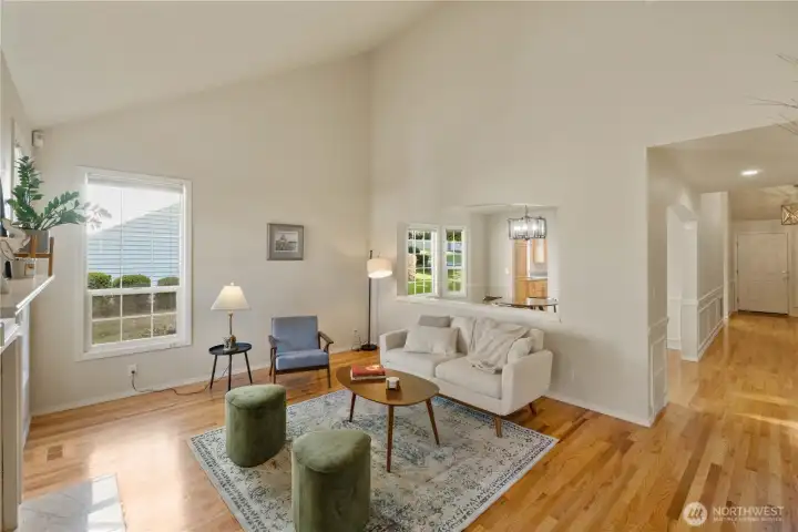 Cozy living space and grand ceilings