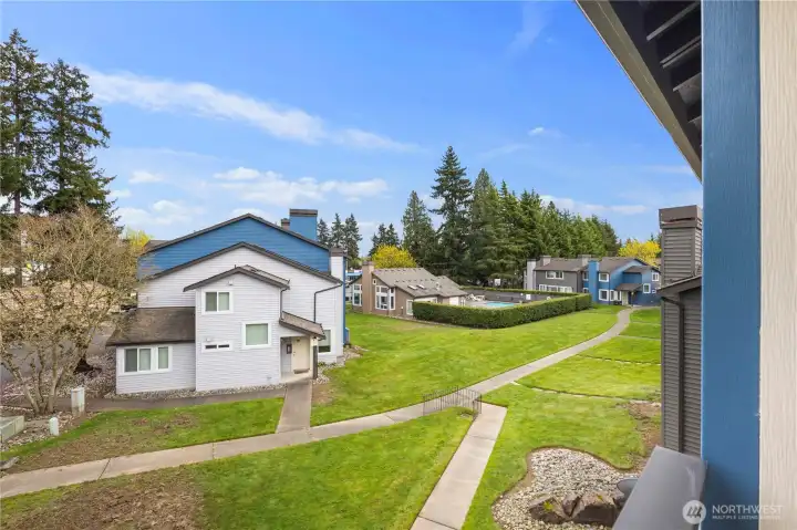 Peaceful patio view to green courtyard
