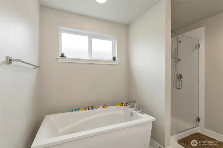 Sumptious deep soaking tub and separate shower.