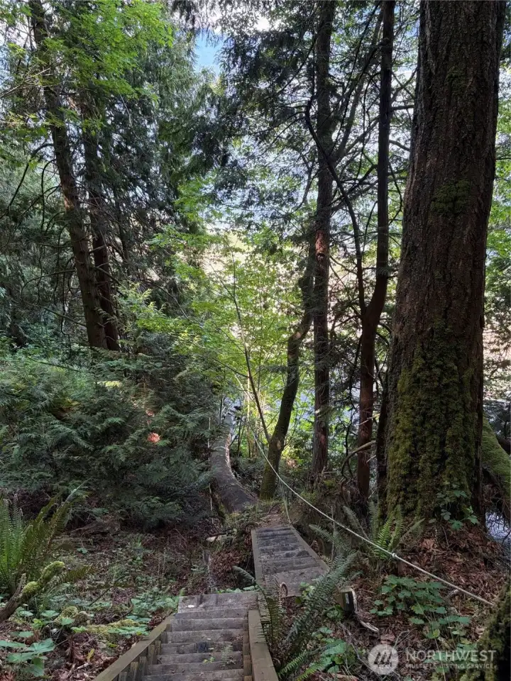 There is a rouged trail and stairway system to the beach.