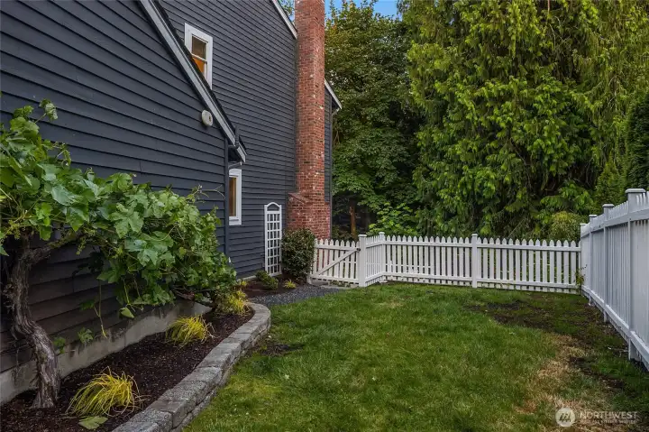 Fully fenced right side yard- with grape trellises and hardy pear tree. Back gate near chimney leads to second level patio entertaining space and spa retreat. A perfect spot for a budding pitcher, a future World Cup player, croquet player, picnic lover- anything you can imagine with peace of mind and fabulous privacy.