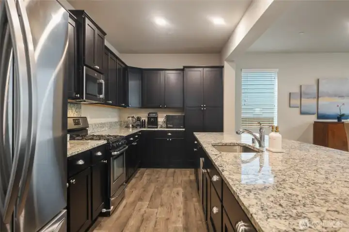 Beautifully designed cabinetry with varying heights and crown molding; stainless appliance suite, and gas stove for great cooking.