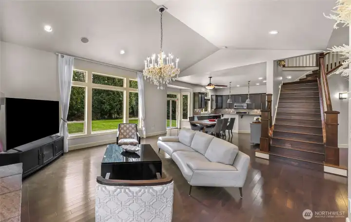 Living area view highlighting open layout and staircase