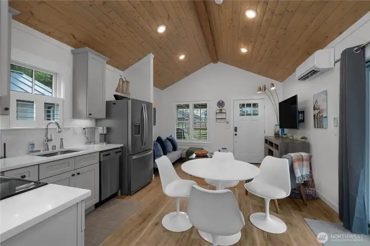 Vaulted ceilings with exposed tongue and groove paneling