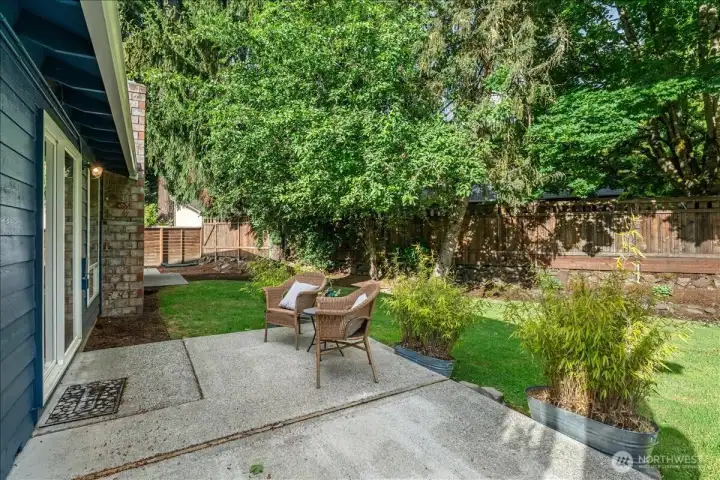 Backyard Patio – Patio area positioned alongside the lawn and mature landscaping. Ideal for outdoor dining, relaxing, or enjoying the surrounding greenery.