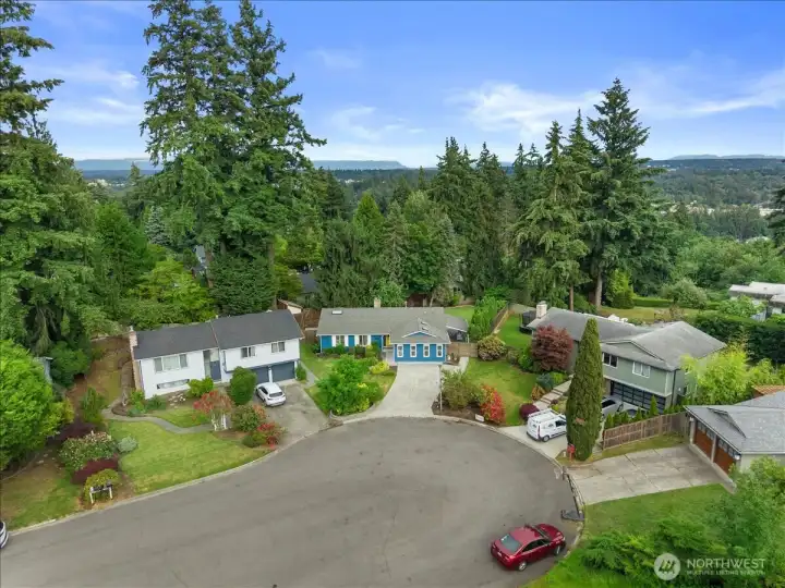 Aerial View – Elevated perspective showcasing the home's location within a residential cul-de-sac surrounded by mature trees and established landscaping.