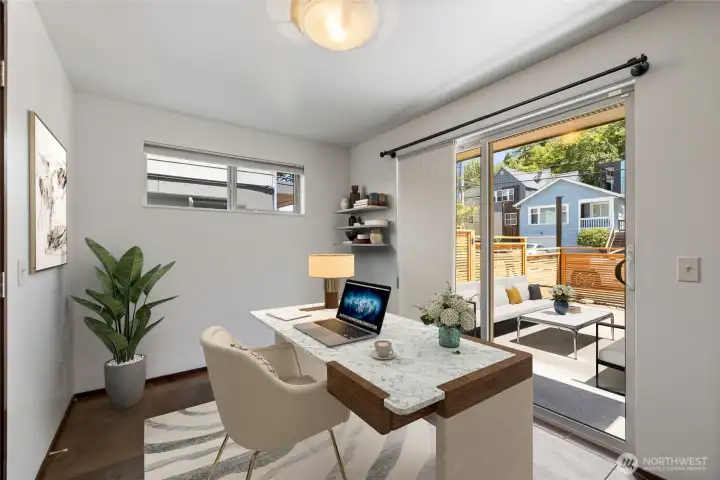 Virtually staged office in third bedroom just off entry and large patio Virtually staged office in third bedroom just off entry and large patio