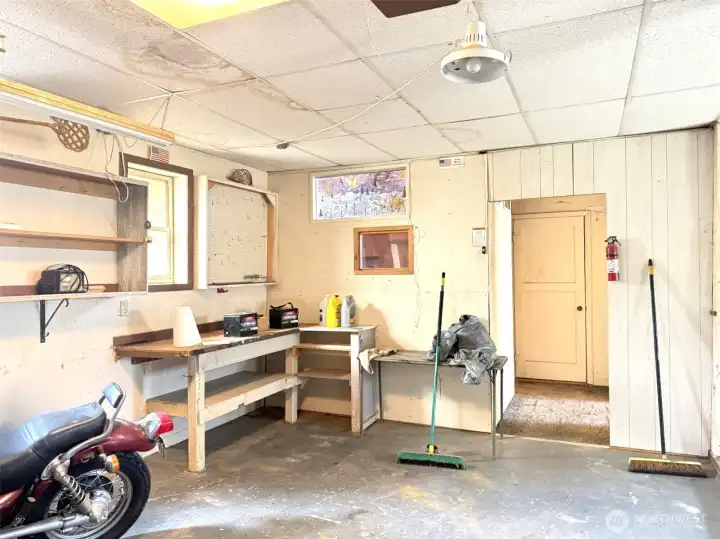 Work bench in the main area of garage.
