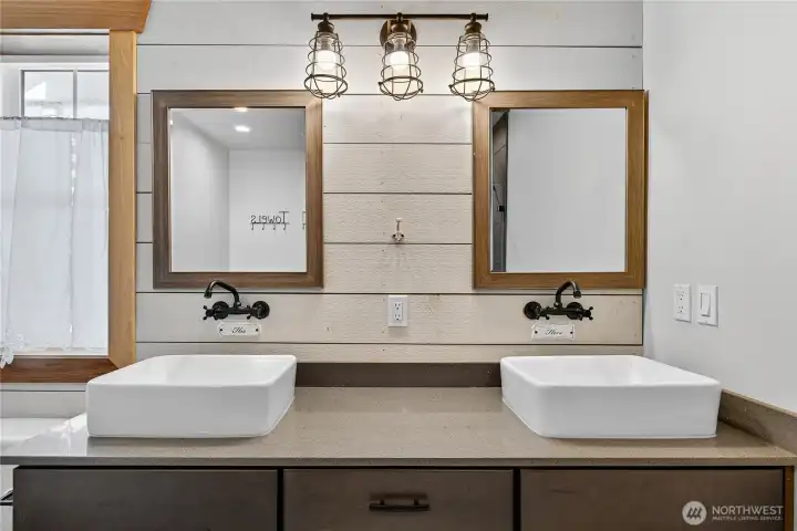 Edgy Primary Suite sink basins. All fixtures in theme of classic barndo living.
