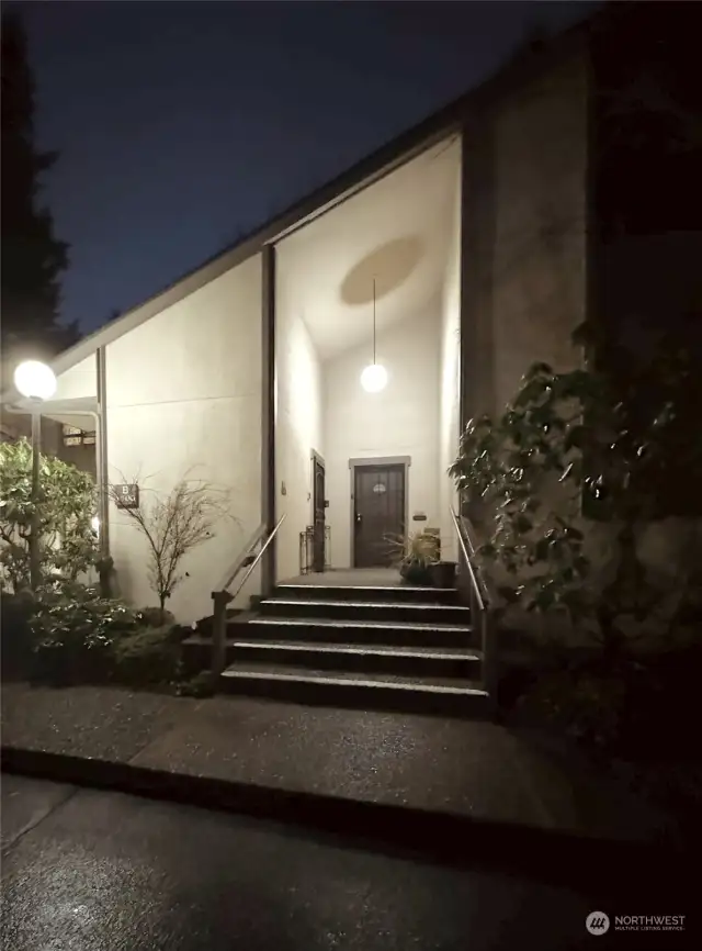 Beautifully lit covered entry