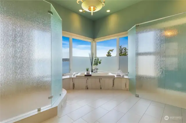 Primary bath and shower with amazing views of Puget sound, Whidbey Island and Mukilteo ferry.