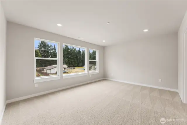 Large primary bedroom can hold a King size mattress and more. Features very large windows for natural light. Photo contains virtual staging.
