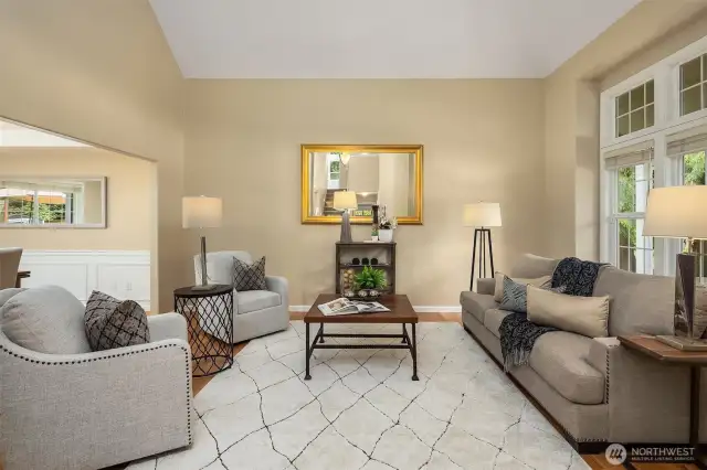 Upon entering, the living room to the left greets you.